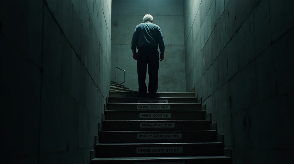 A stark, dramatic shot looking down a dark, cold, concrete staircase that descends into shadow. An elderly man stands hesitantly at the top step. Each step downward is labeled with medical terms: "False Positive," "Angiogram," "Unnecessary Stent." The lighting is harsh, coming only from the top, symbolizing a descent into the unknown. 
