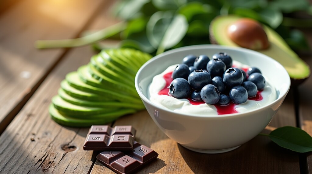 Prompt: A vibrant, hyper-realistic flat lay photograph of the 4 key ingredients on a rustic wooden table. A rich bowl of Greek yogurt topped with deep blue blueberries, a fan of perfectly sliced green avocado, a handful of dark green spinach leaves, and two squares of luxurious dark chocolate (70% cacao). Beautiful morning sunlight streams from the side, creating an appetizing and healthy image.
