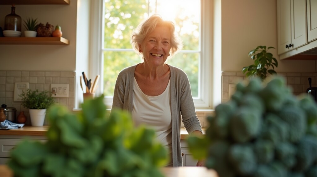 Prompt for Segment 4 (Broccoli, Kale, Okra):
A hopeful, sunlit photograph of a vibrant, healthy 73-year-old woman walking confidently up a set of porch steps, not holding the handrail. She has a slight smile of relief and strength. In the foreground, artistically blurred, is a fresh bunch of deep green kale on a kitchen counter.
