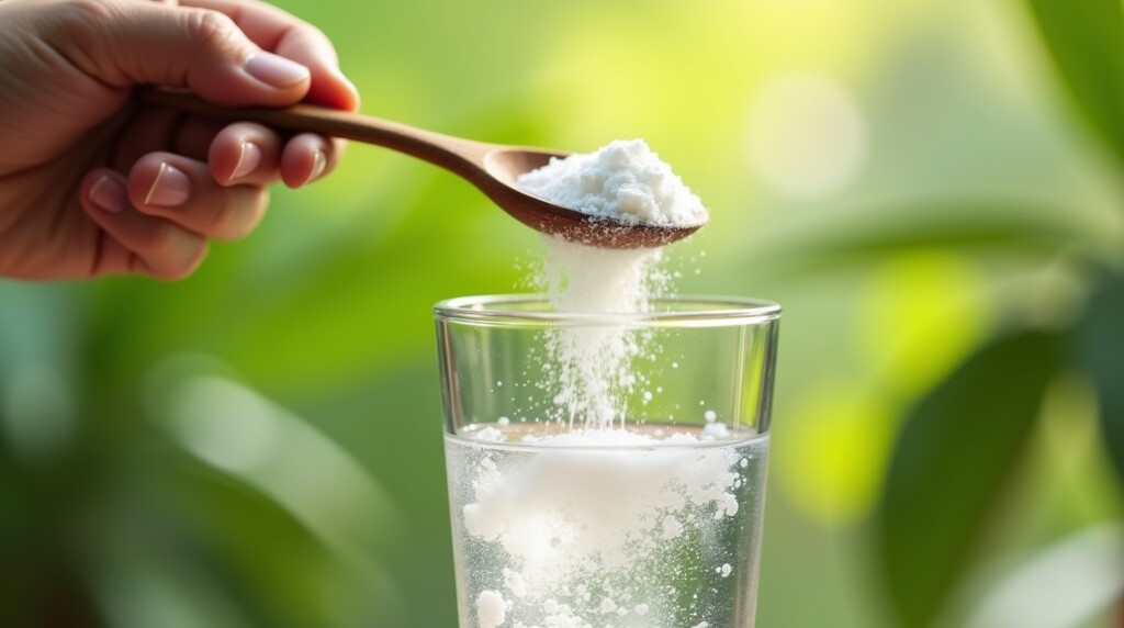 Segment 4: A Sweet Memory: The Energy from the Tropics
An elderly hand gently pours fine white coconut water powder from a wooden spoon into a tall glass of cool, clear water. The powder creates a soft, swirling cloud as it dissolves. The background is a bright, soft-focus green garden, evoking a natural and refreshing feeling. Photorealistic, gentle motion, high detail.
