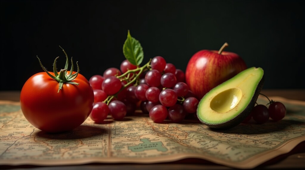 cinematic still life, a tomato, red grapes, an apple, and a sliced avocado arranged like a strategic army on a rustic wooden map table, dramatic epic lighting from a single source, chiaroscuro, deep shadows, sense of power and synergy, photorealistic, ultra-detailed, 4K.
