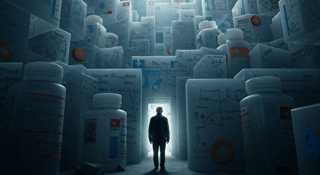 photorealistic, dramatic lighting, a senior man in his 60s standing at the entrance of a towering, complex maze, the maze walls are made of giant translucent pill bottles and overlapping medical diagrams, creating a sense of confusion and being overwhelmed, cinematic, high detail, 4K.
