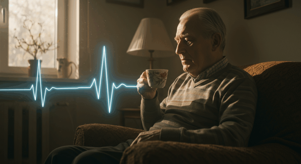 An elderly man sits in a peaceful, sunlit room holding a warm cup of tea, his face shows quiet contemplation. Superimposed over the scene, a faint, glowing, and confusing medical EKG line snakes its way towards him like a trap. The mood is a mix of serenity and impending dread. Cinematic, hyper-realistic, dramatic lighting.