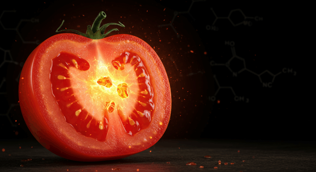 cinematic macro photo, a perfect ripe tomato, cut in half, glowing with a fiery, golden-red energy from within, revealing a brilliant crystalline structure of Lycopene inside, dark dramatic background with subtle scientific diagrams, hyper-detailed, vibrant colors, epic, 4K.
