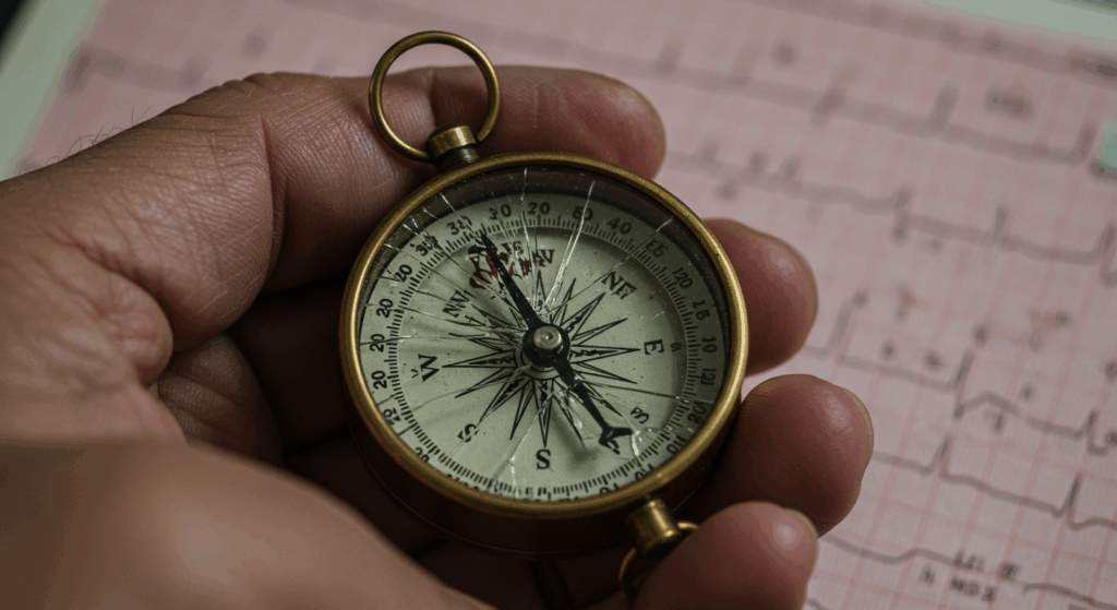 A powerful symbolic image of an antique brass compass held in an elderly person's hand. The glass of the compass is cracked, and the needle is broken, spinning erratically. In the background, a blurred, clinical EKG monitor displays chaotic electrical signals. The image is a close-up, highly detailed, with a shallow depth of field. 