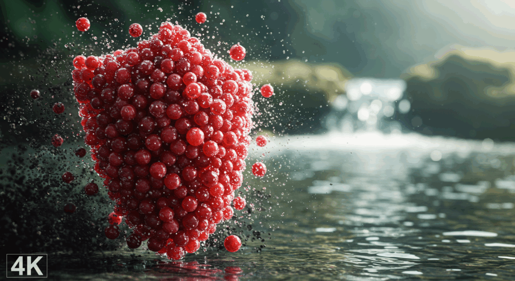 conceptual photo, a powerful shield composed of vibrant, glistening cranberries, deflecting dark shadowy particles, protecting a pure flowing stream of clear water in the background, bright clean lighting, sense of safety and protection, hyper-realistic, dynamic, 4K.
