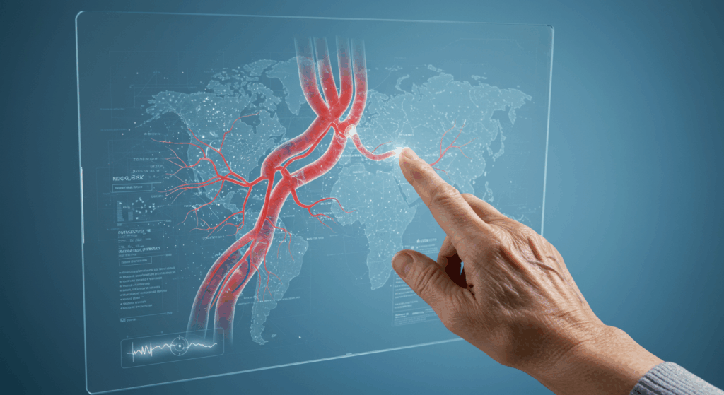 A crystal-clear, high-tech satellite map of coronary arteries is displayed on a futuristic transparent screen. An elderly person’s hand is touching the screen, looking at a specific point with a sense of clarity and understanding. The image is bright, hopeful, and clean, representing precision and safety. The background is a calm, soft blue.