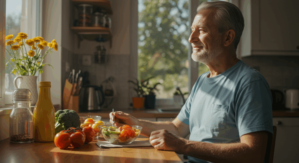 cinematic lifestyle photo, a vibrant and healthy senior man in his late 60s, smiling peacefully at a sun-drenched kitchen table, enjoying a colorful healthy meal with tomatoes and avocado, bright morning sunlight streaming through the window, sense of vitality and a new beginning, warm and inviting, photorealistic, 4K.
