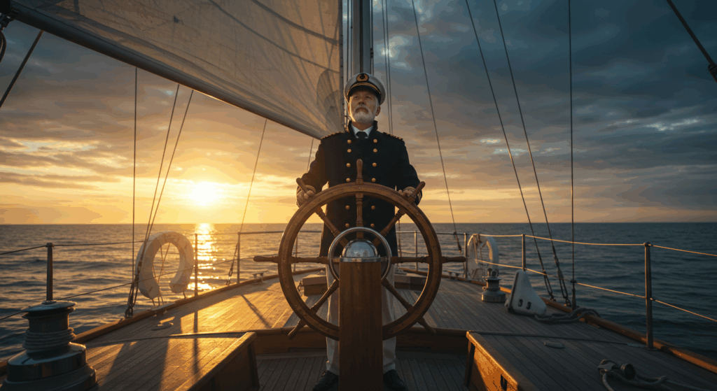 An empowering final image of a confident, serene senior man, dressed in classic captain's attire, standing firmly at the helm (ship's wheel) of a majestic sailboat. He is steering his own course on a calm sea towards a sunrise. The atmosphere is one of control, wisdom, and peace. Cinematic, epic lighting. 