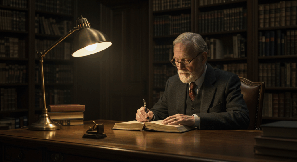 Segment 2: A Historian's Quest: Finding the Answers Within
A wise, 76-year-old retired history teacher is sitting at a classic wooden desk, writing intently in a leather-bound journal. Behind him, a massive, dimly lit bookshelf filled with old books stretches to the ceiling. A single warm desk lamp illuminates his face and the journal. Cinematic, scholarly atmosphere, photorealistic.
