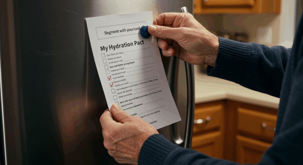 Segment 6: The Pact with Yourself: Turning Knowledge into Action
An overhead shot of an older man's hands carefully placing a printed health journal page titled "My Hydration Pact" onto a refrigerator door with a simple magnet. The journal has clear checkboxes. The scene is set in a warm, cozy kitchen with soft, inviting light. Photorealistic, focus on the action and the journal.
