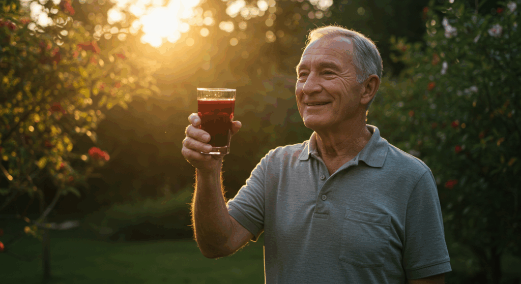 Prompt: An epic, cinematic photo of a reborn, healthy man in his late 60s (Harold), smiling with peace and vitality. He is standing in his lush, beautiful garden at sunrise, holding up a glass of deep, rich red pomegranate juice to the golden light. The atmosphere is one of triumph, hope, and profound renewal.
