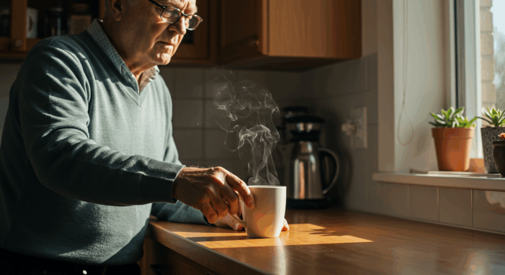 Segment 1 – Hook: The Morning Heart Attack Risk A senior man in his 70s, just waking up in the morning, reaching for a steaming cup of coffee on a kitchen table, sunlight through the window, but his hand looks slightly shaky, subtle, dramatic mood, cinematic lighting, 16:9 