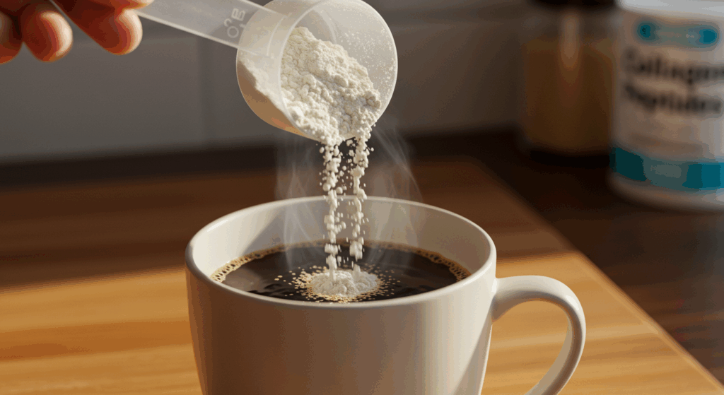 SEGMENT 5 – Ingredient #2: Collagen Peptides Close-up of a scoop of white collagen peptide powder being poured into a steaming cup of coffee, soft morning light, wooden kitchen counter background, realistic cinematic photo style, 16:9 