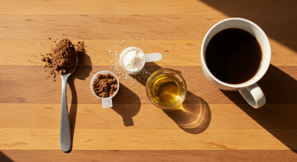 SEGMENT 7 – The Heart-Protective Coffee Formula
 Bright uplifting kitchen scene: elderly man in his 70s stirring coffee with cocoa, collagen, and MCT oil, open notebook and glass of warm water on the table, atmosphere of calm, healthy routine, cinematic, 16:9

