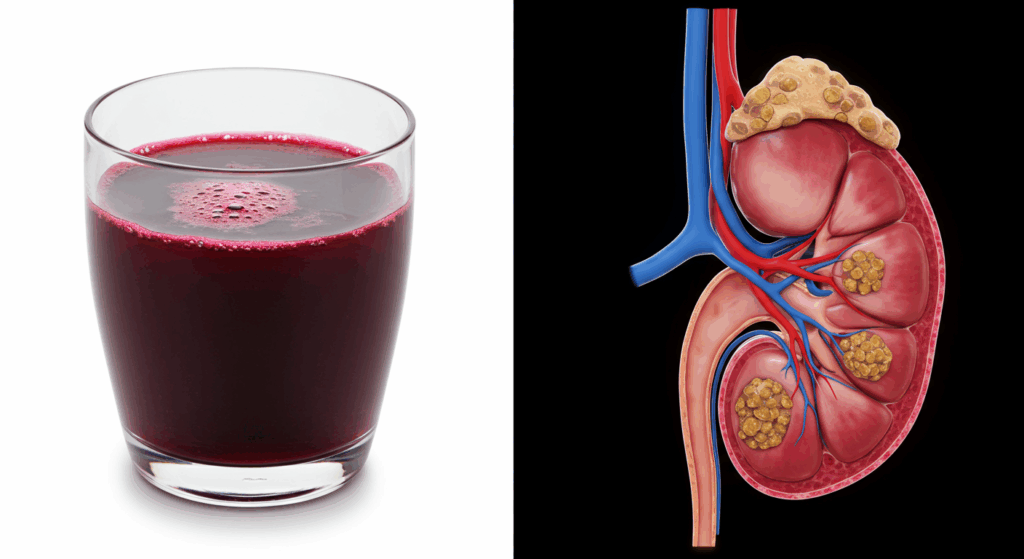 Prompt for Segment 2 (Spinach & Beets):
A visually split image, editorial style. On the left, a beautiful, vibrant, healthy-looking glass of dark red beet juice on a clean white background. On the right, a photorealistic medical illustration showing painful oxalate kidney stones inside a human kidney.
