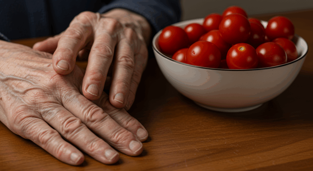 Prompt for Segment 3 (Tomatoes & Potatoes):
A close-up, hyper-detailed photograph of an elderly woman's hands resting on a wooden table. Her knuckles are slightly swollen and arthritic. Next to her hands is a bowl of bright, glossy cherry tomatoes, creating a subtle, unsettling contrast. The lighting is soft but focuses on the inflammation.
