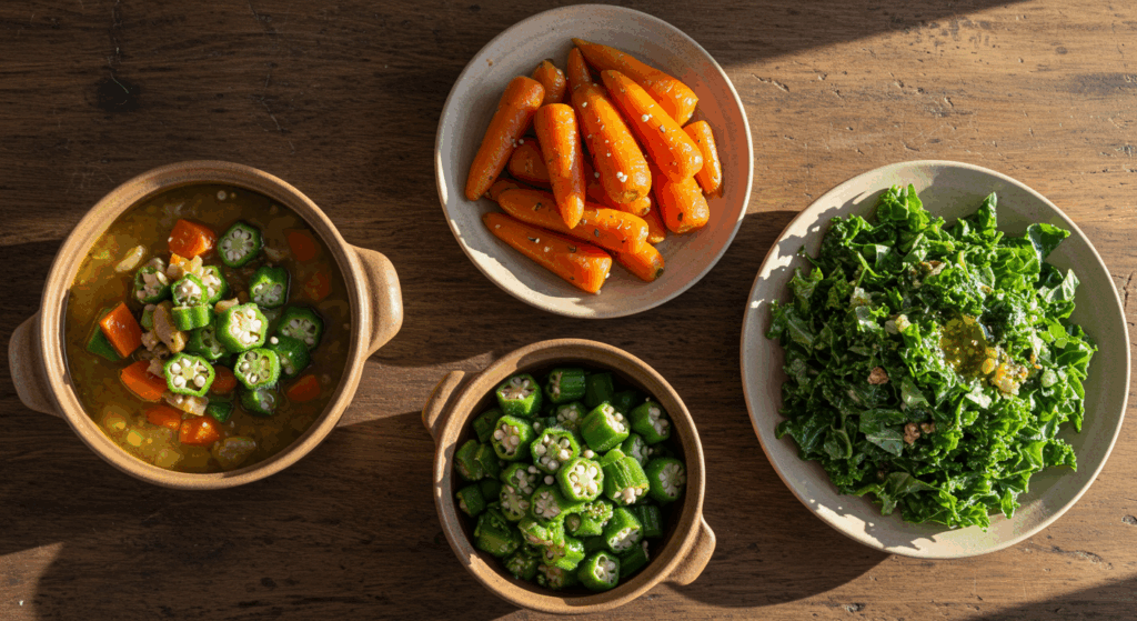 Prompt for Segment 5 (The "Blood Pressure Dinner"):
A top-down "flat lay" food photography shot of the "Blood Pressure Dinner." On a rustic wooden table, a warm ceramic bowl of okra soup, a side dish of glistening steamed carrots, and a fresh kale salad drizzled with olive oil. The lighting is warm and inviting, like late afternoon sun from a window.
