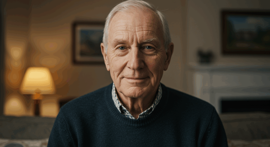 Prompt for Segment 6 (Call to Action & Teaser):
A medium close-up portrait of a trustworthy, kind-eyed 76-year-old man (Harold) looking directly into the camera with a gentle, reassuring smile. He is in a cozy, softly lit living room. The focus is on creating a sense of connection and trust.
