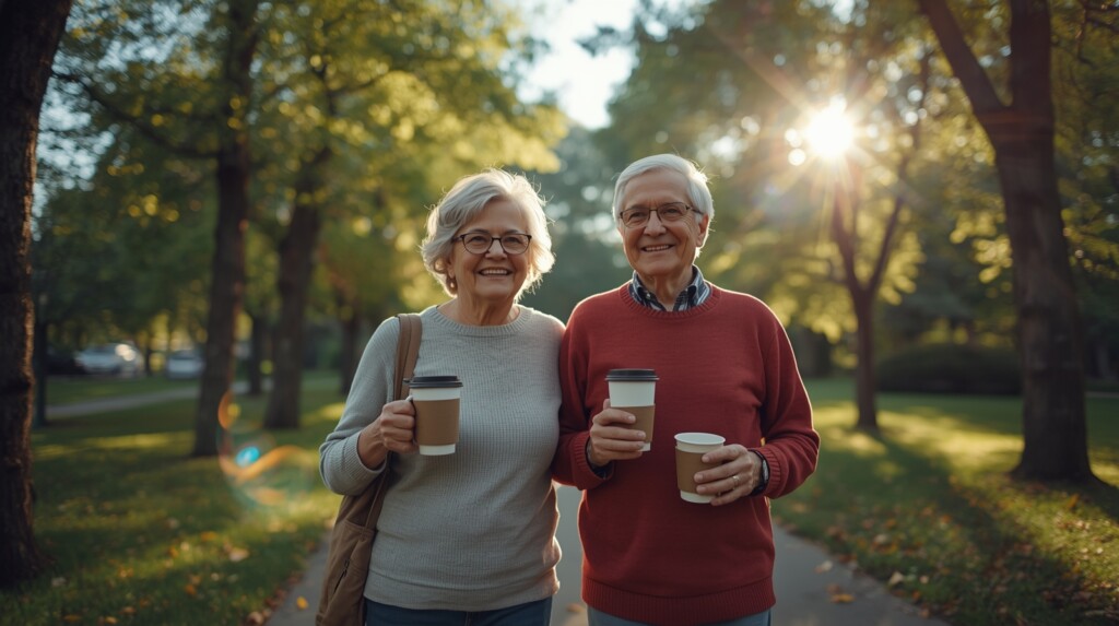 OUTRO – Protect Your Heart, Protect Your Life Inspiring wide shot: senior couple in their 70s walking together in a sunny park holding coffee mugs, smiling, vibrant morning light, symbolizing independence and health, cinematic photo-realistic, 16:9 