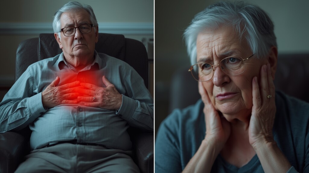 Segment 5 – Early Warning Signs of a Heart Attack
 Montage-style composition: elderly man holding chest while sitting on a chair, another scene of a senior woman touching her jaw with discomfort, faint shortness of breath expression, soft vignette to suggest hidden symptoms, cinematic realism, 16:9
