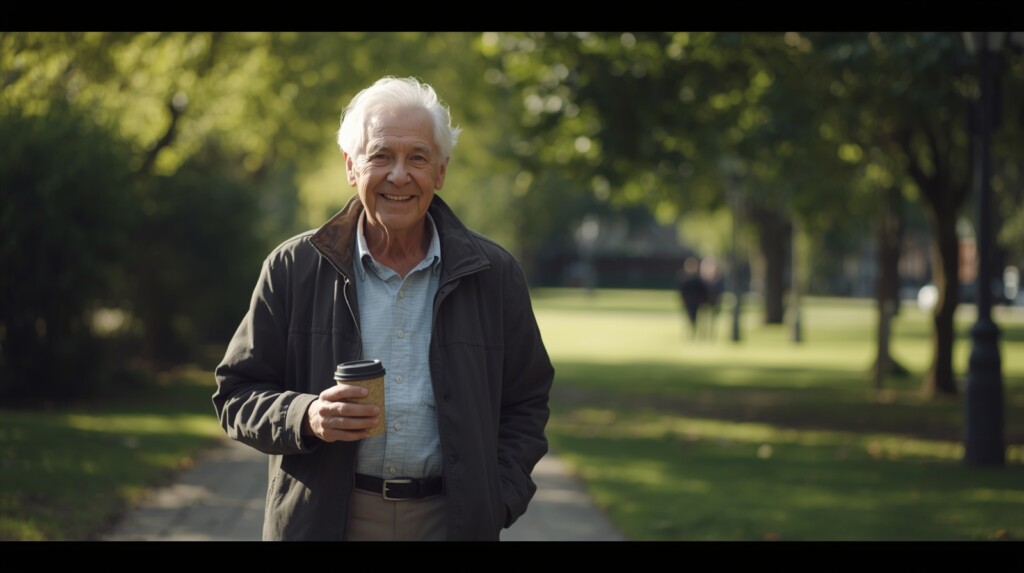 Segment 6 – Paul’s Recovery Story
 Senior man in his early 70s walking confidently in a park, smiling, wearing casual clothes, holding a thermos cup of coffee, fresh morning sunlight, greenery around, atmosphere of vitality and hope, realistic cinematic photography, 16:9
