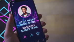 Smartphone displaying a dating app profile with a bold Hot Take Dating bio against a split vibrant and blurred background, symbolizing digital filtering and radical alignment.
