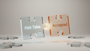 Minimalist 3D glass puzzle pieces clicking together, representing the radical alignment and perfect connection achieved through Hot Take Dating.