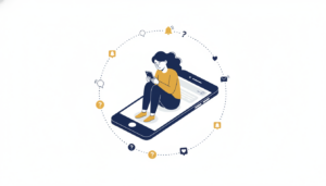 Illustration of a person trapped in a endless loop of checkings phone, representing the situationship addiction. Modern flat style.