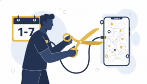 Flat illustration of a person decisively cutting a digital connection cable linked to a smartphone, representing the Cold Turkey strategy in a situationship detox, using navy, mustard, and white colors.