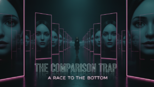 Infinite digital mirror hallway showing the psychological trap of ai-edited photos and beauty inflation.