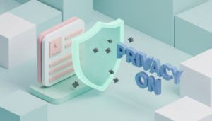 3D privacy shield for a safe dating app with "PRIVACY ON" text.