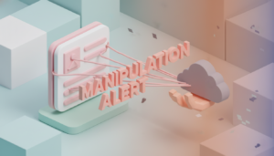 Minimalist 3D illustration symbolizing psychological manipulation and the move from a safe dating app to a "pig butchering" crypto scam.