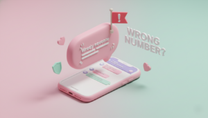 Minimalist 3D warning flag for a "wrong number" text scam on a safe dating app interface.