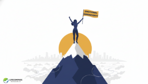 Illustration of a woman standing triumphantly at the peak of a mountain, raising a flag labeled "EMOTIONAL SOVEREIGNTY," in a modern flat illustration style using navy, mustard, and white.