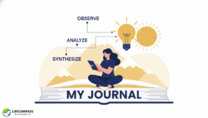 Illustration of a woman sitting peacefully on a giant book and journaling, applying the OAS Framework to analyze her emotions.