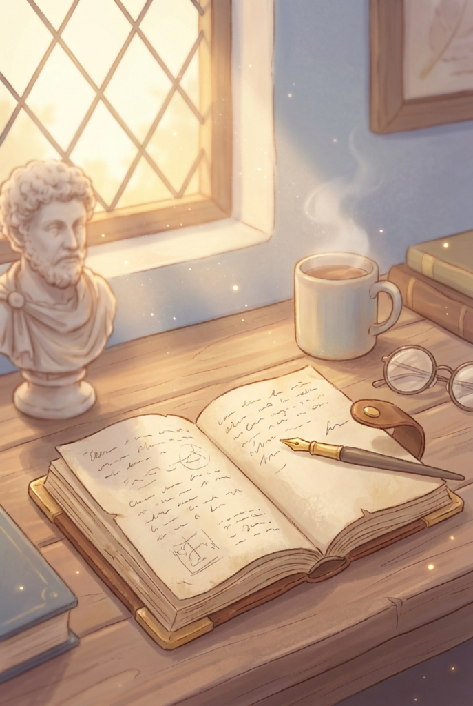 An old leather journal open on a wooden desk beside a small Roman statue bust, evoking Meditations as a private journal