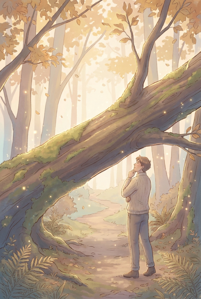 A person thoughtfully looking at a fallen tree blocking a forest path, illustrating an obstacle becoming a new way forward