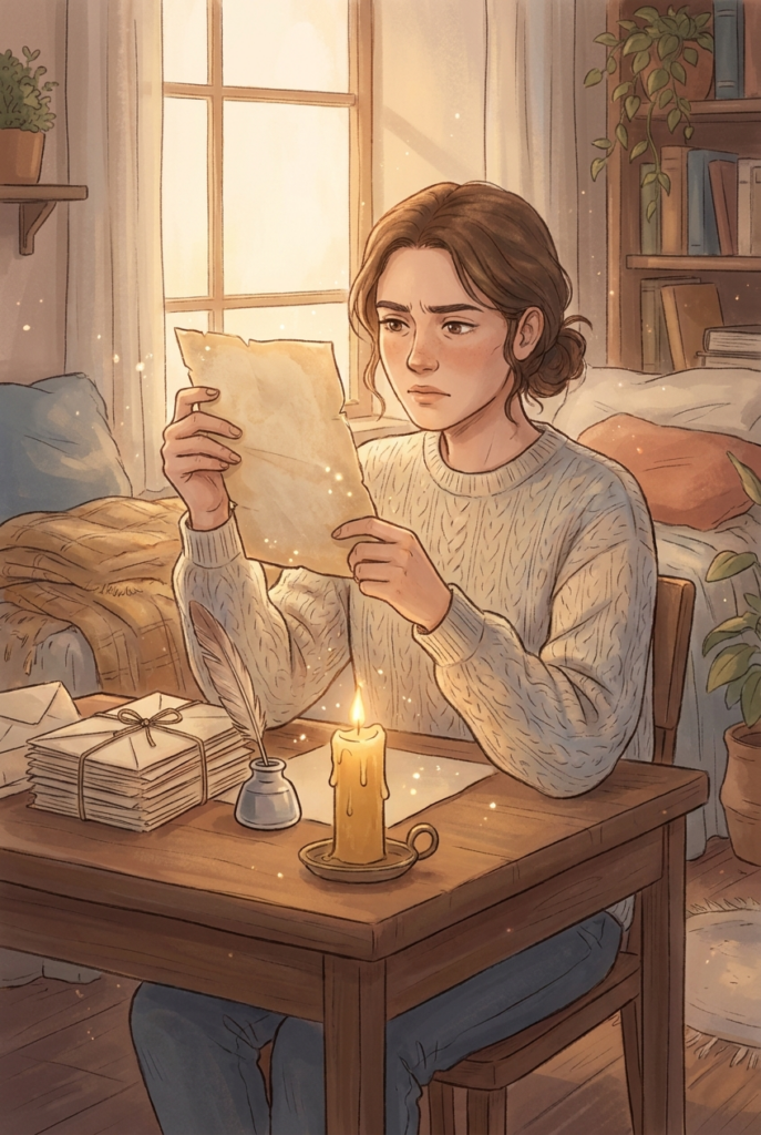 A person by candlelight thoughtfully and skeptically examining an old letter, illustrating critical evaluation of a quote's source