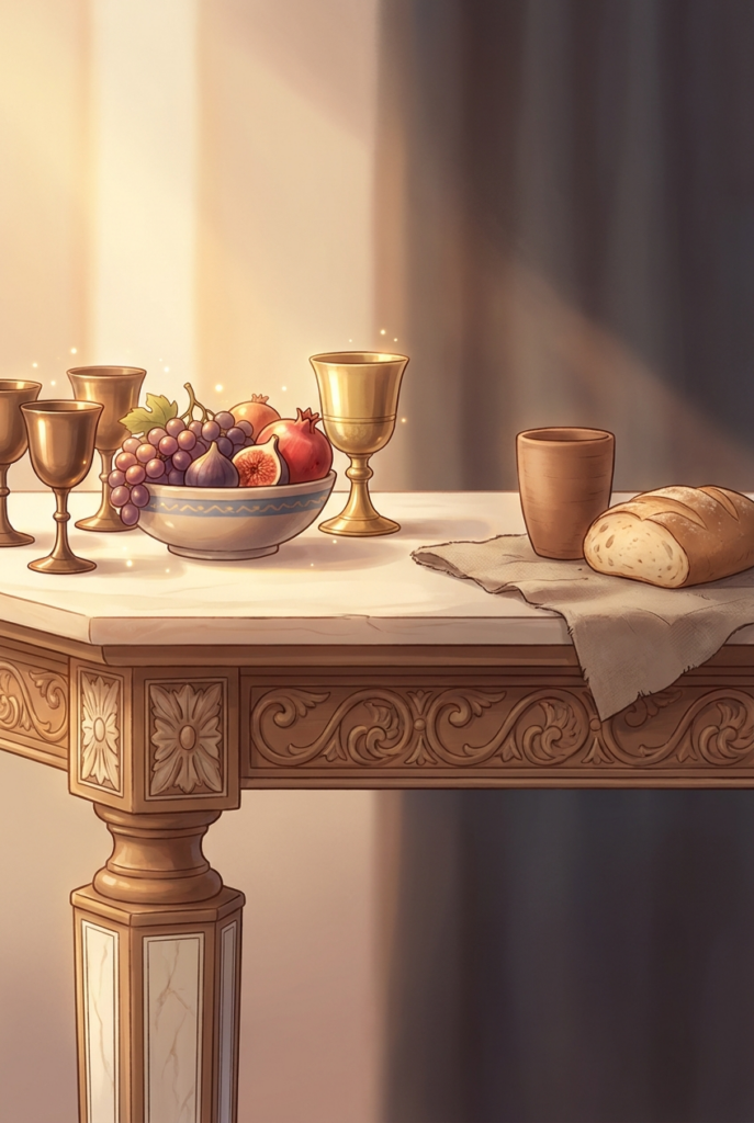 An ornate table with gold goblets and rich fruit on one side, a plain clay cup and simple bread on the other, illustrating the contradiction between wealth and simplicity