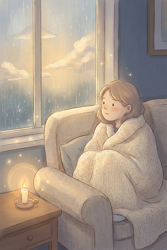 Person wrapped in a blanket by a rainy window with a candle, representing quiet healing after heartbreak
