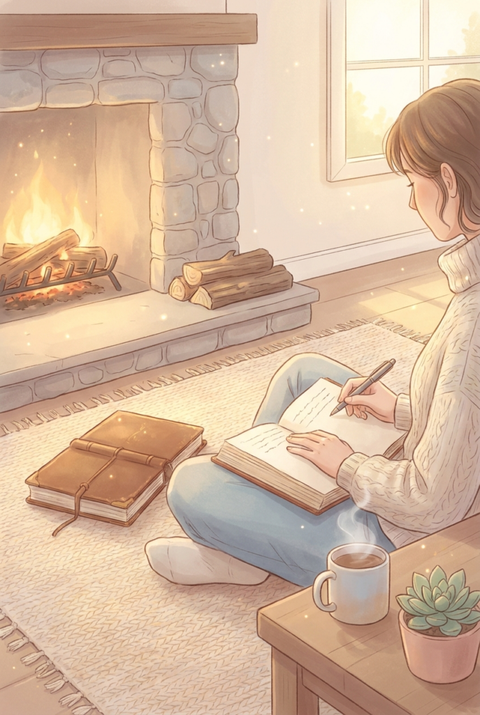 Person journaling by a fireplace with an old leather philosophy book, reflecting on Stoic wisdom about love