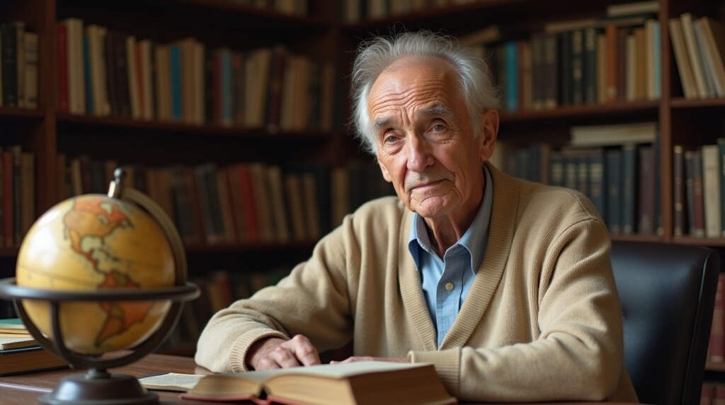  "A 76-year-old retired high school history teacher sitting at his desk, surrounded by books and a globe, looking contemplative, with subtle signs of fatigue and stress." 