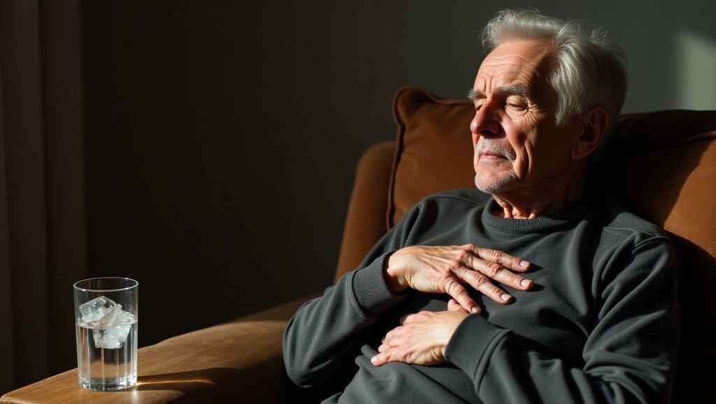 Segment 1: An elderly man sitting on a couch, holding his chest with a glass of cold water on the table beside him.