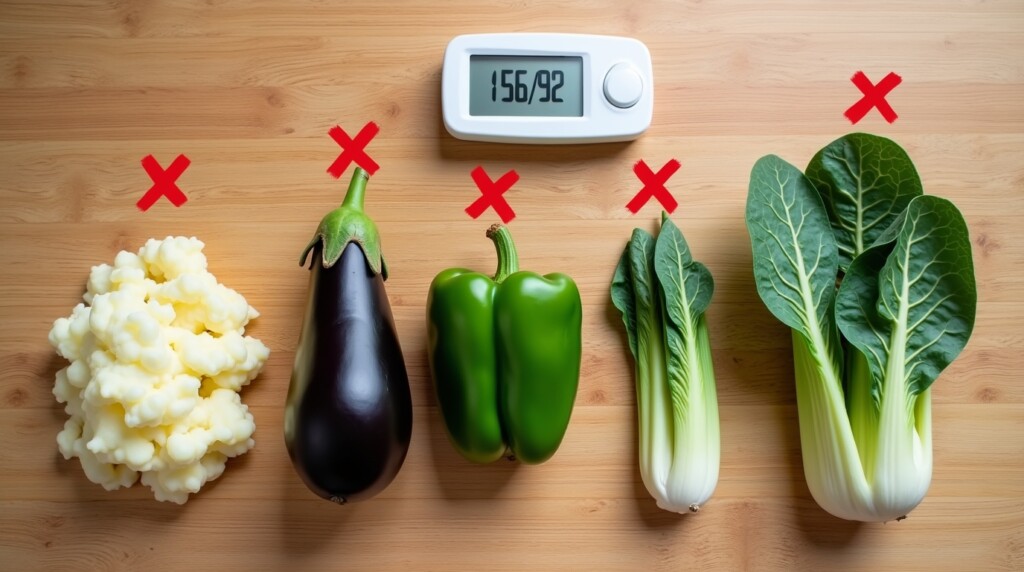 A flat-lay view of a wooden table with 5 vegetables clearly labeled: mashed white potatoes, eggplant, green bell pepper, wilted yellow bok choy, and water spinach (rau muống). Each vegetable has a red "X" or warning icon above it. In the background: a medical blood pressure monitor reading 156/92. Neutral lighting, sharp focus, educational health theme. 