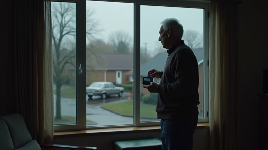  An elderly man standing at a window inside his home, holding a pedometer in one hand, looks out into the rainy morning with hesitation. Outside: wet street, gray sky. Emotion: doubt and struggle. Inside the room is dimly lit, with soft shadows. Mid-century furniture.