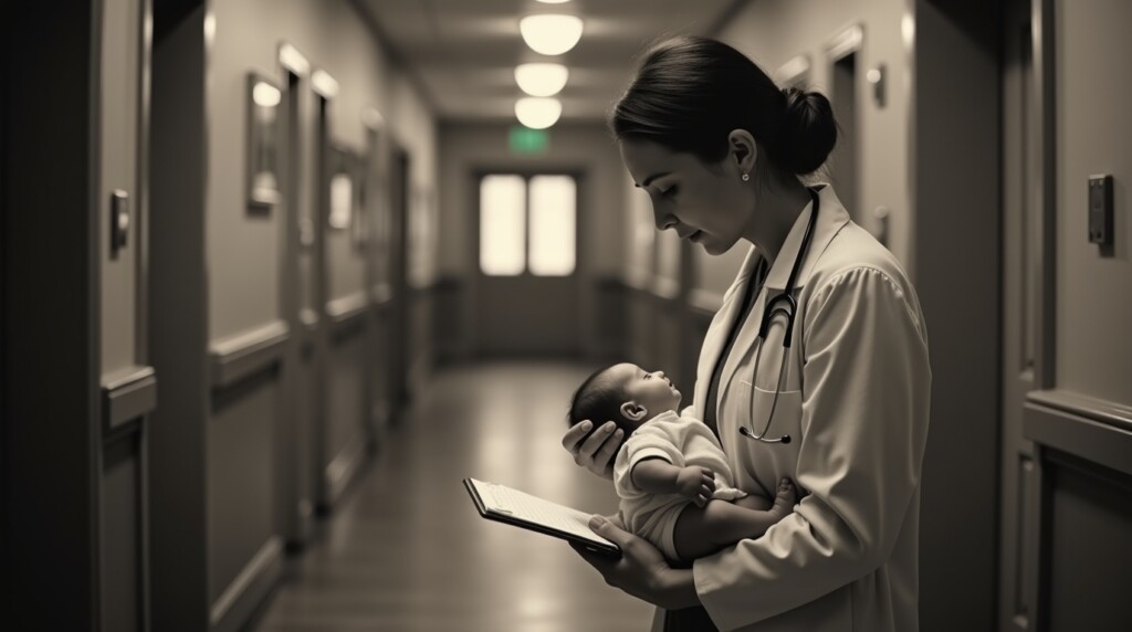 “Historic hospital hallway, deaf female doctor with notepad and stethoscope in hand, examining newborn with gentle touch, grayscale to soft sepia tone, vintage medical setting, emotionally powerful, documentary style”
