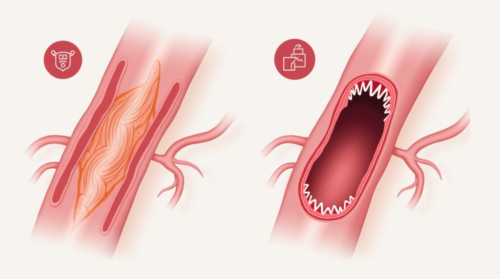 “Realistic medical-style illustration showing arteries becoming stiff and narrow, with a comparison of healthy vs damaged artery due to high blood pressure, include subtle icons like a heart and blood pressure meter, clean and educational style” 