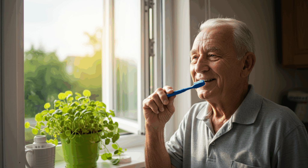 🎨 Prompt:
 An elderly man smiling softly while brushing his teeth in morning light, window open behind him, green plants on the windowsill. Mood: peaceful, awakened, simple happiness. Style: warm morning light, realistic, cozy.
