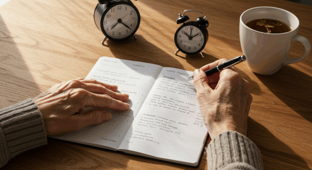 🎨 Prompt:
 Close-up of aged hands writing in a paper sleep tracker journal on a wooden table. Pen, a simple analog clock beside the paper, herbal tea cup nearby. Style: intimate, cozy, natural light from the window.
